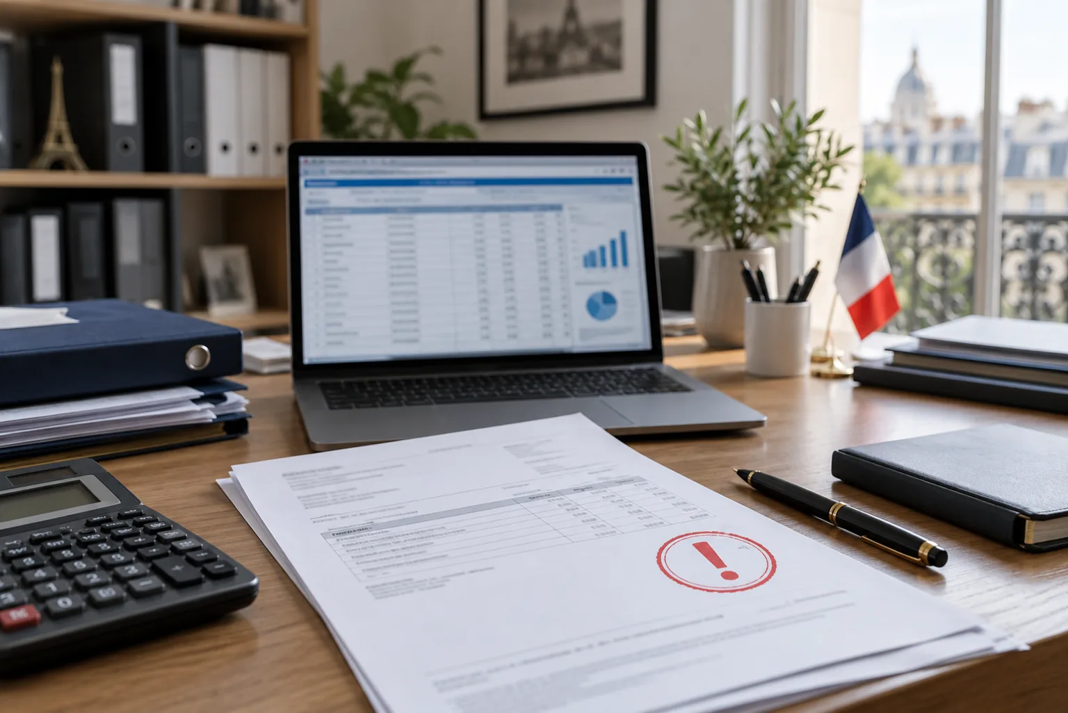 Justificatif d'amende posé sur un bureau comptable, calculatrice et plan comptable ouverts à côté